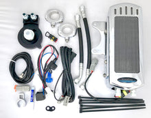 Load image into Gallery viewer, Harley Davidson Sportster 1986-2003 3.0 Dual Fan Assisted Side Mount on Down Tube Oil Cooler Kit Contents. Ready to install.
